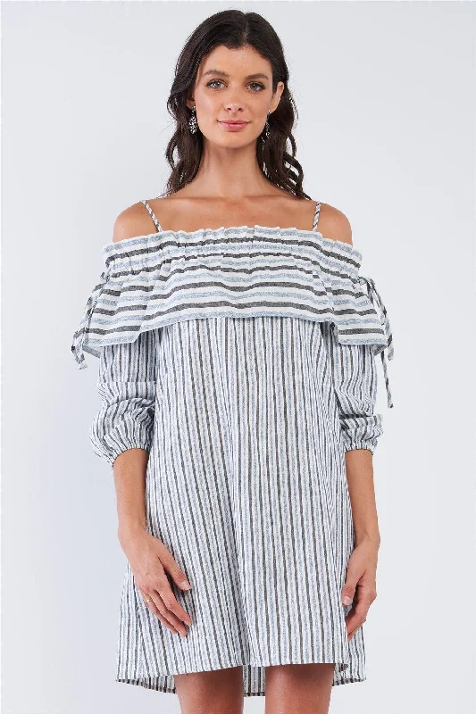 Flowy DressBlue&Black Loose Fit Striped Off-The-Shoulder Long Sleeve Ruffle Hem Mini Dress