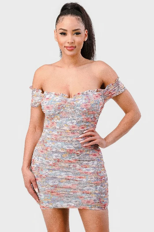 Backless DressFloral Print Mesh Sweetheart Ruffled Off Shoulder Ruched Mini Dress