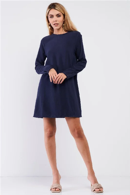 women's mother of the bride dressesPlain Eco Navy Blue Linen Shredded Hem Detail Round Neck Relaxed Fit Long Sleeve Mini Dress