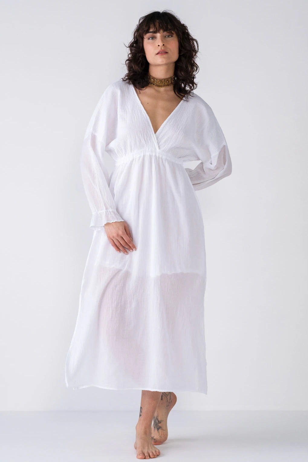 women's wedding guest dressesV-Neck Cotton Maxi Dress - White