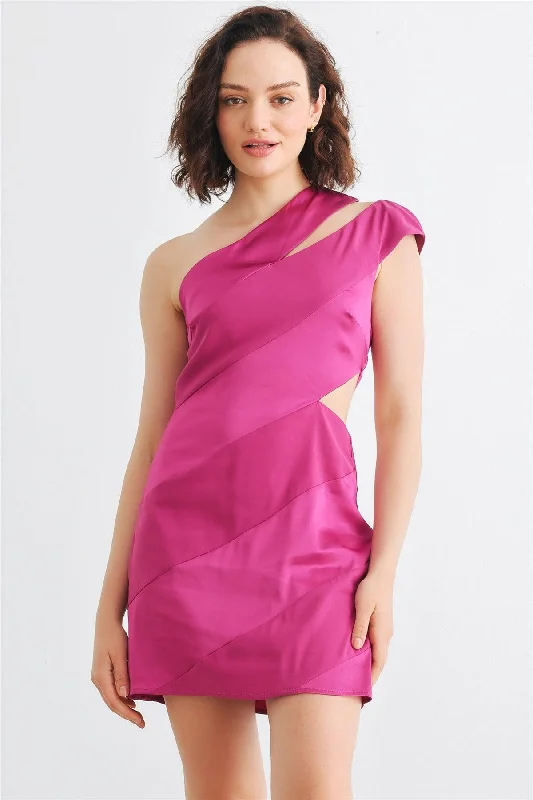 women's satin dressesMagenta Satin Asymmetrical One Shoulder Cut-Out Mini Dress