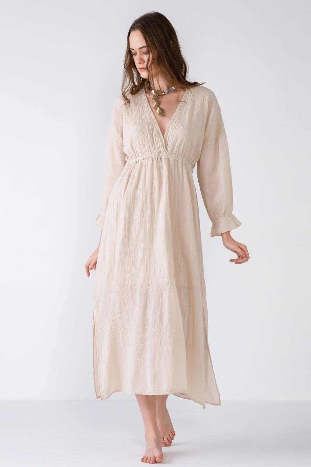 women's midi dressesV-Neck Cotton Maxi Dress - Natural Beige