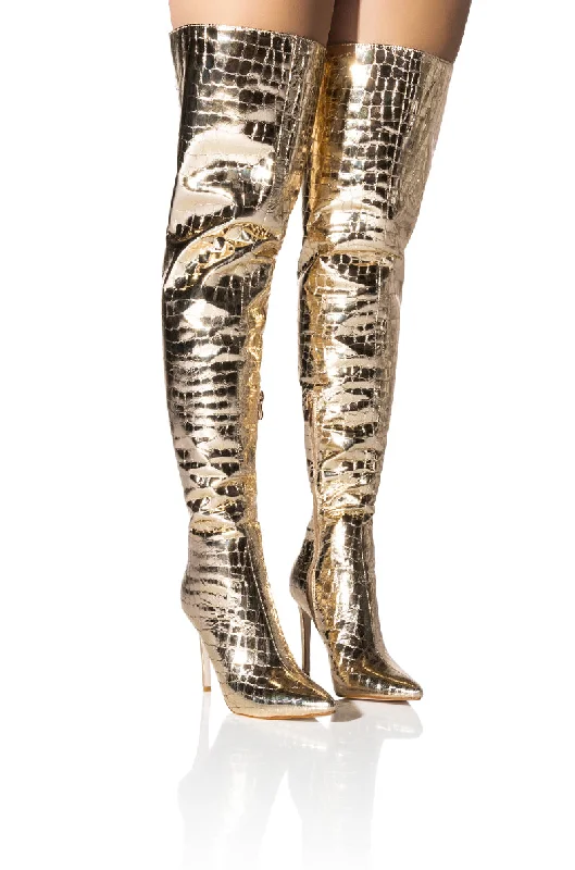 AZALEA WANG THRILLER OVER THE KNEE STILETTO BOOT IN GOLD