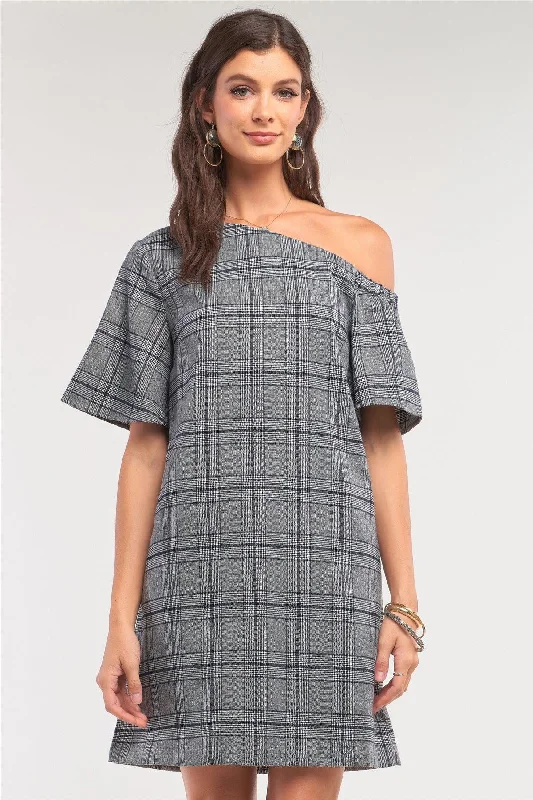 women's pear-shaped body dressesGrey Checkered One-Shoulder Relaxed Fit Mini Dress