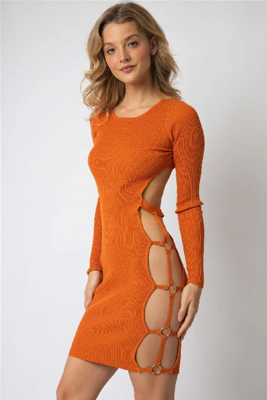 Chic DressOrange Knit Side Cut-Out Open Back Mini Dress