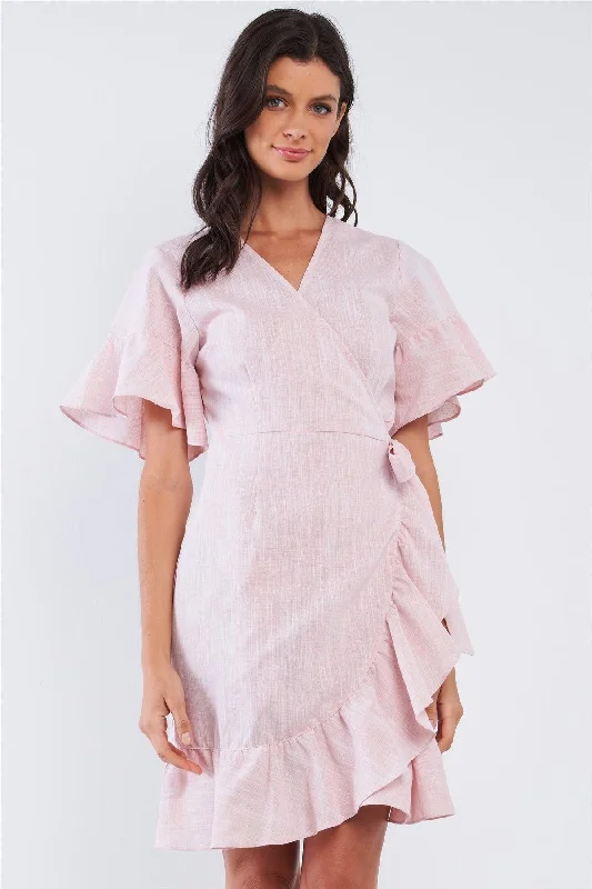 women's cold-shoulder dressesPastel Pink Deep Plunge V-Neck Ruffle Hem Self-Tie Waist Wrap Mini Dress