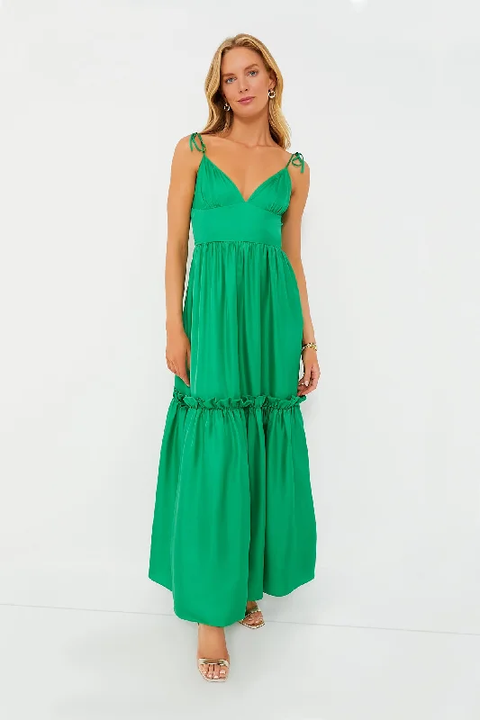 women's long-sleeved dressesGreen Silk Twill Maxi Dress