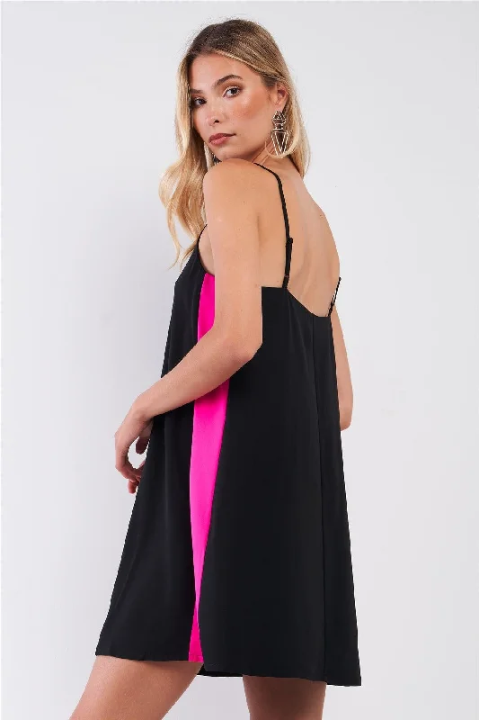 women's stylish dressesBlack & Pink Sleeveless V-Neck Side Stripe Detail Relaxed Mini Dress /1-2-2