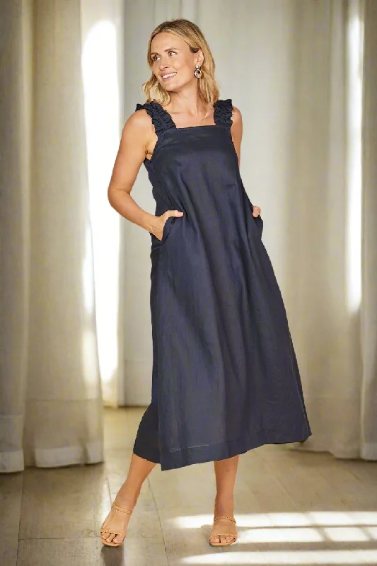 Polka-Dot DressClaire Maxi Linen Dress in Navy