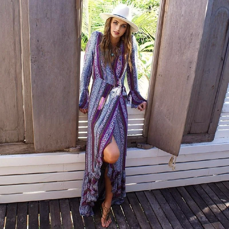 Sheath DressJuliaFashion-Free Spirit V-Neck Long Sleeve Maxi Dress