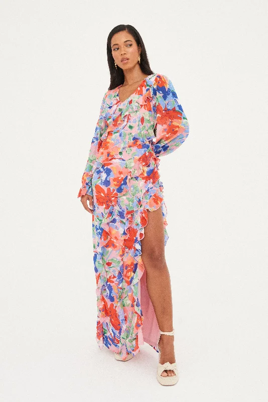 Cocktail DressCHIFFON PRINTED RUFFLE  MAXI DRESS