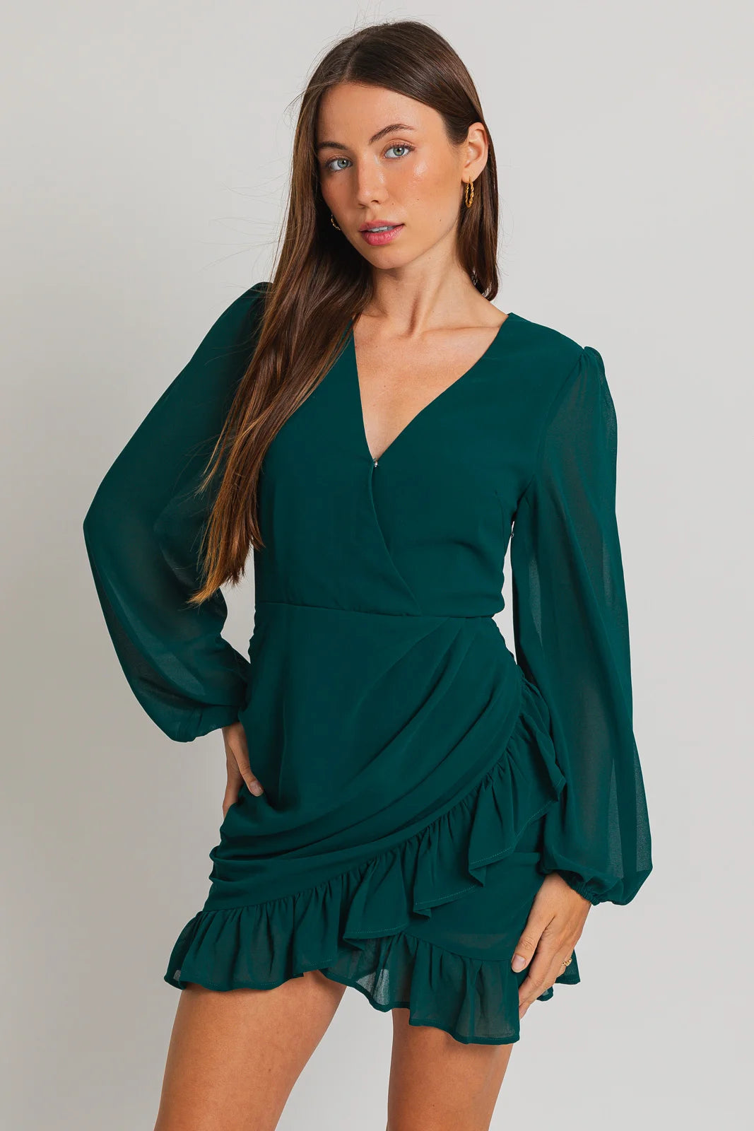 Minimalist DressRuffle Ruched Detail Wide Sleeve Chiffon Mini Dress