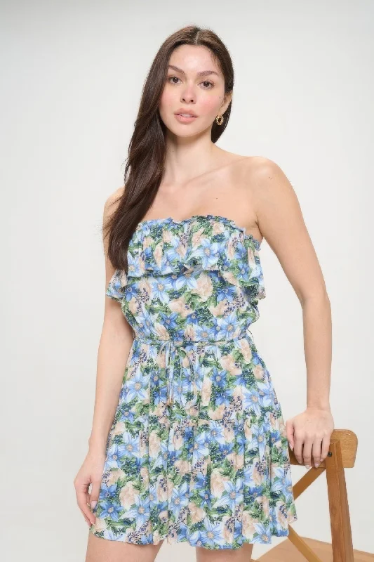 Retro DressBerry Flower Ruffle Tube Top Mini Dress