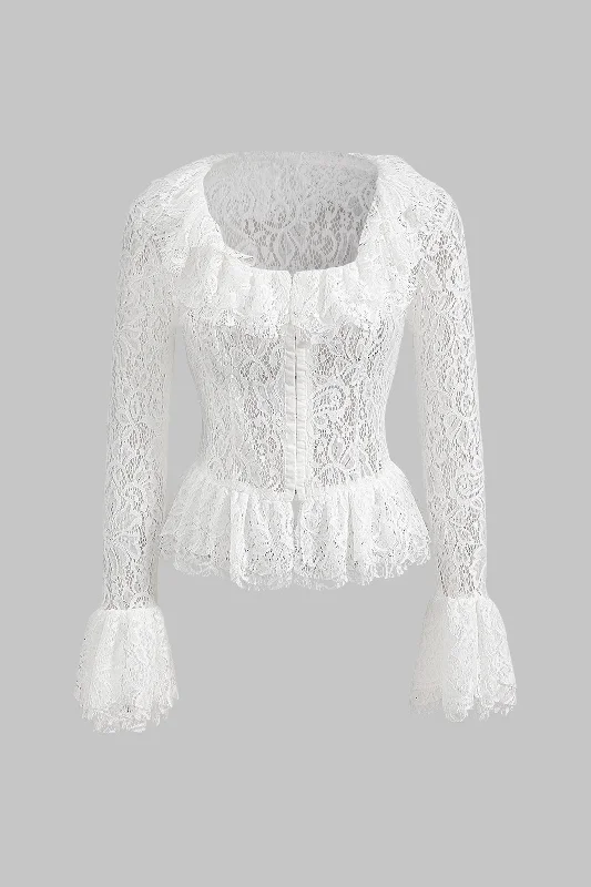 women's tops for those who want to wear pieces that are both functional and fashionableLace Ruffle Square Neck Bell Sleeve Shirt