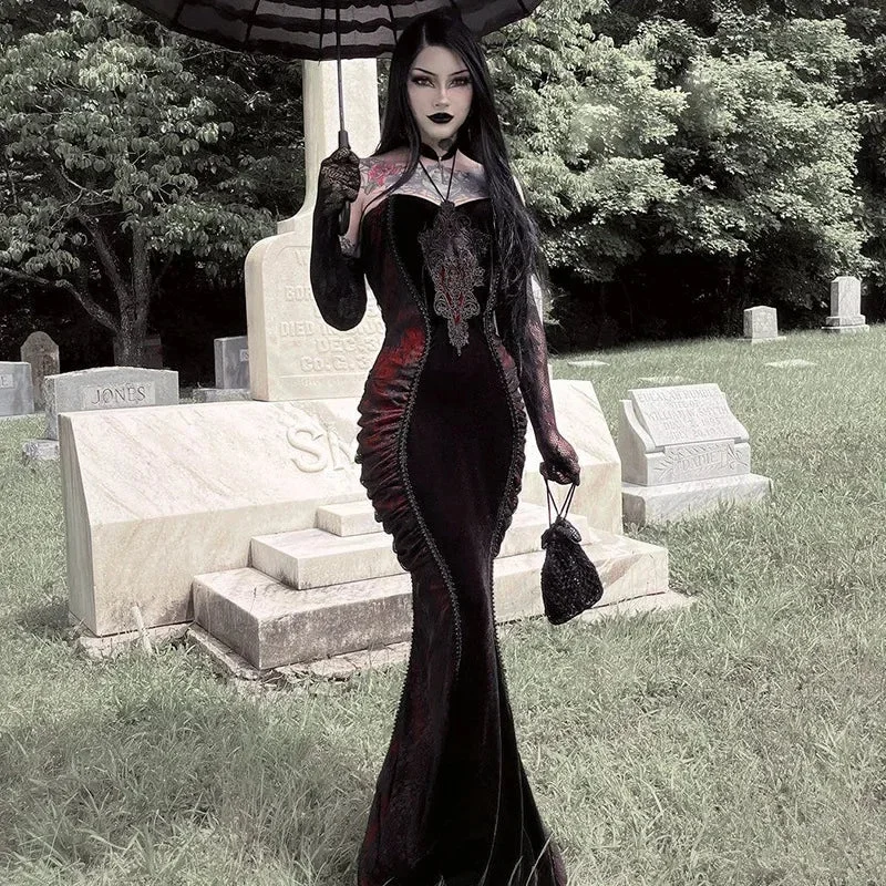 Retro DressElegant Fashion Tight Halter Mermaid Hot Sweet Corset Mesh Maxi Gothic Pleated Bodycon Party Gown Outfit