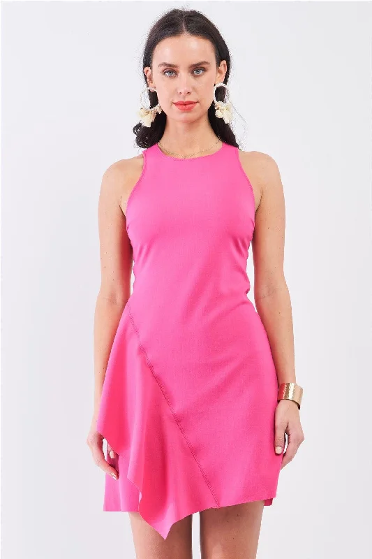 Halter DressHot-Pink Sleeveless Round Neck Fitted Asymmetrical Mini Dress