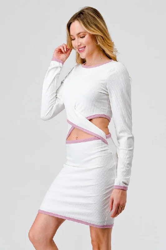 Bow-Tie DressIvory & Pink Ribbed Long Sleeve Cut-Out Criss-Cross Front Mini Dress /1-2-1-1