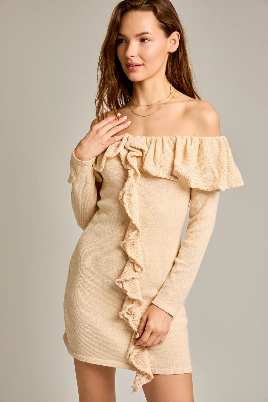 women's spaghetti strap dressesOff The Shoulder Ruffle Long Sleeve Sweater Mini Dress