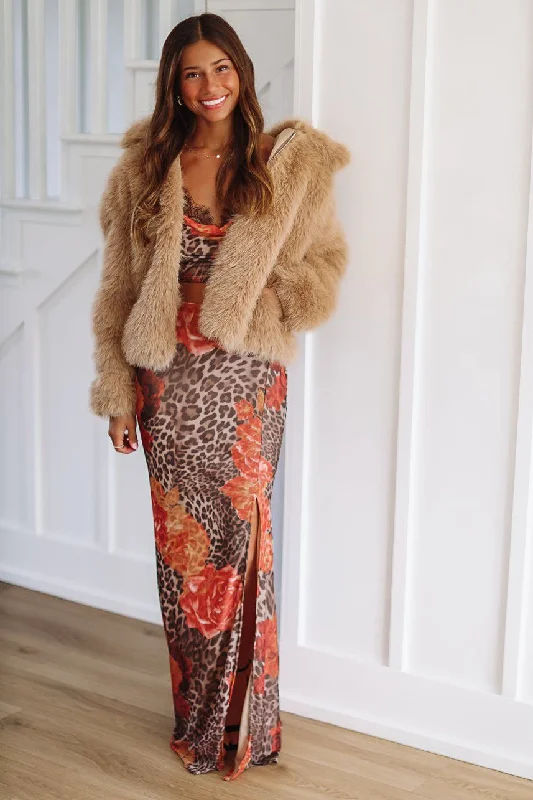 Cat's Out of the Bag Crop Top and Maxi Skirt Set - Brown