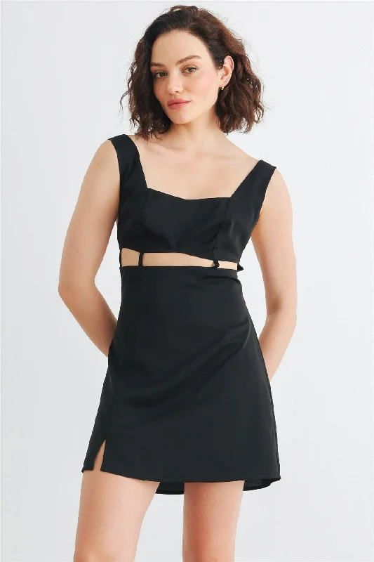 Chiffon DressBlack Sleeveless Cut-Out Detail Square Neck Back Criss-Cross Mini Dress /1-2-2-1