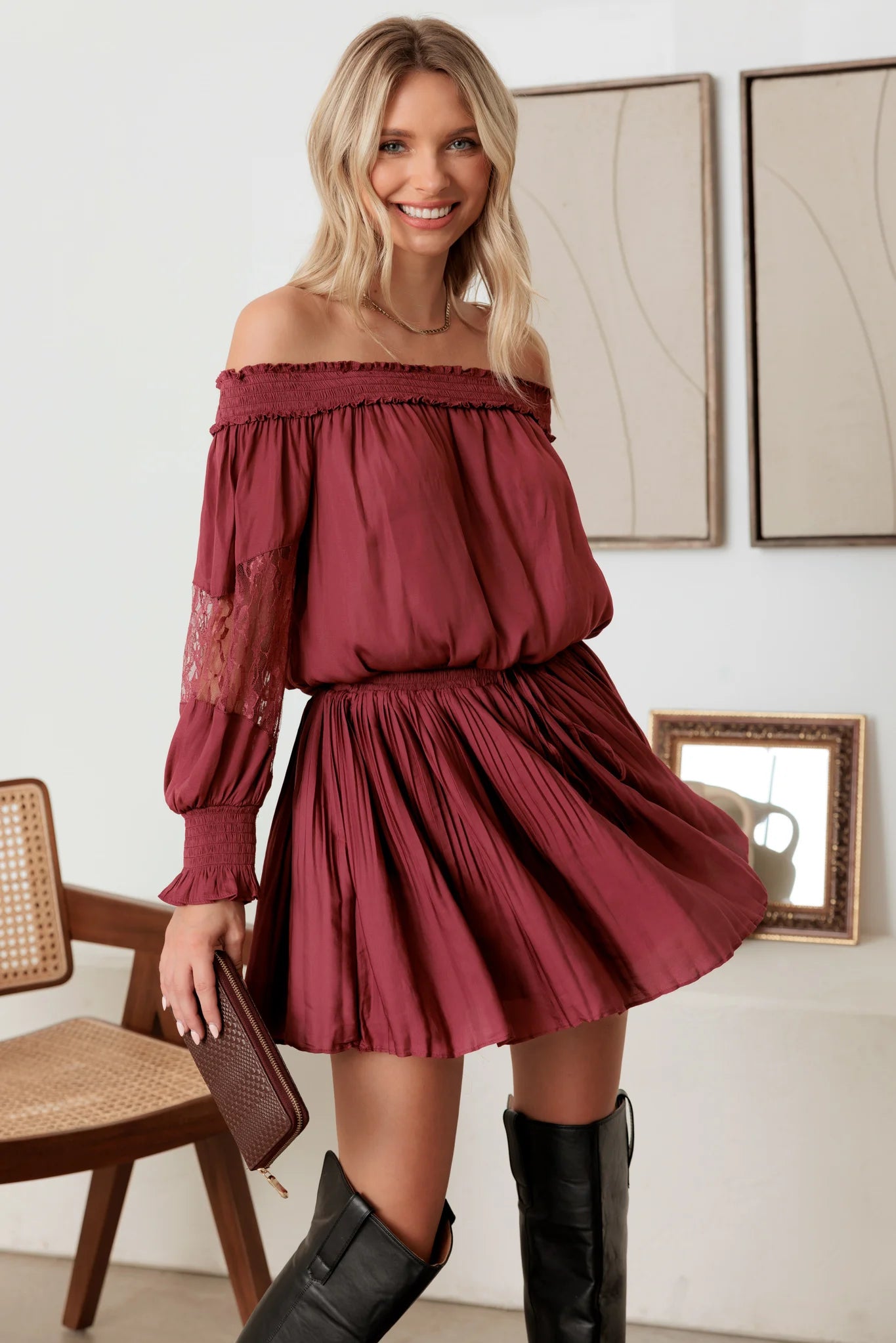 women's striped dressesSmocked Off-Shoulder Lace Sleeve Mini Dress