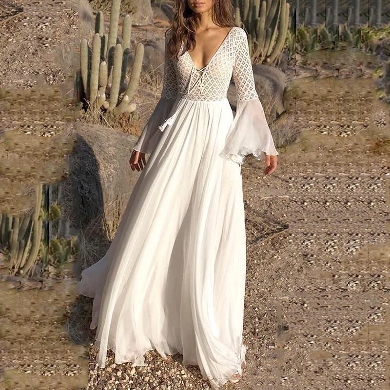 Tea-Length DressJuliaFashion-Long Flare Sleeve V-Neck White Hollow Lace Maxi Dress