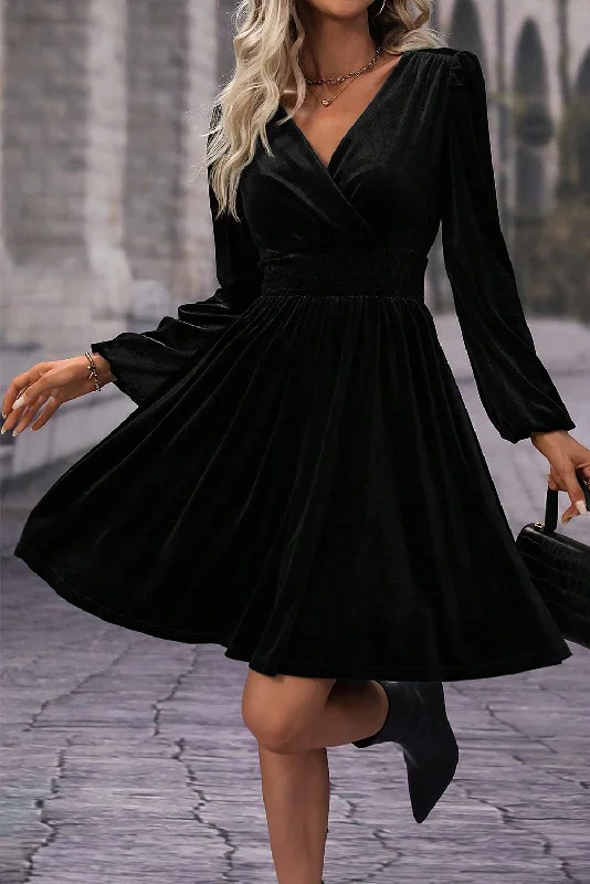 Custom DressBlack Velvet Long Sleeve Surplice High Waist Mini Dress