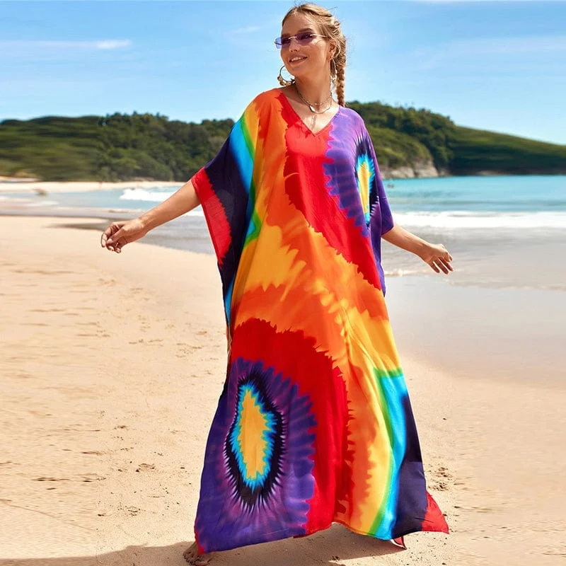 women's cold-shoulder dressesRainbow Tie Dye Maxi Kaftan Dress