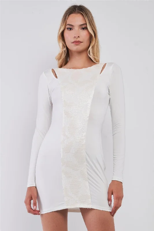 Long-Sleeve DressWhite Sequined Center Front Detail Long Sleeve Mini Dress /2-2-2