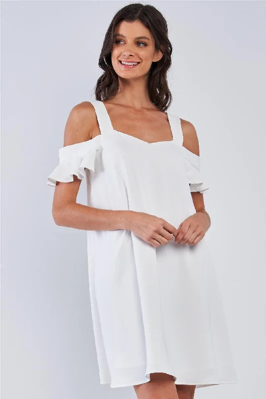 Petite DressOff-White Relaxed Fit V-Neck Ruffle Sleeve Mini Dress