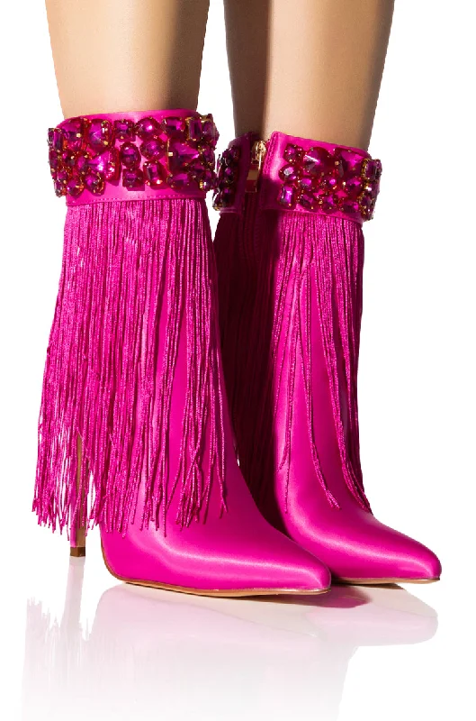 AZALEA WANG AVERI EMBELLISHED FRINGE BOOTIE IN PINK