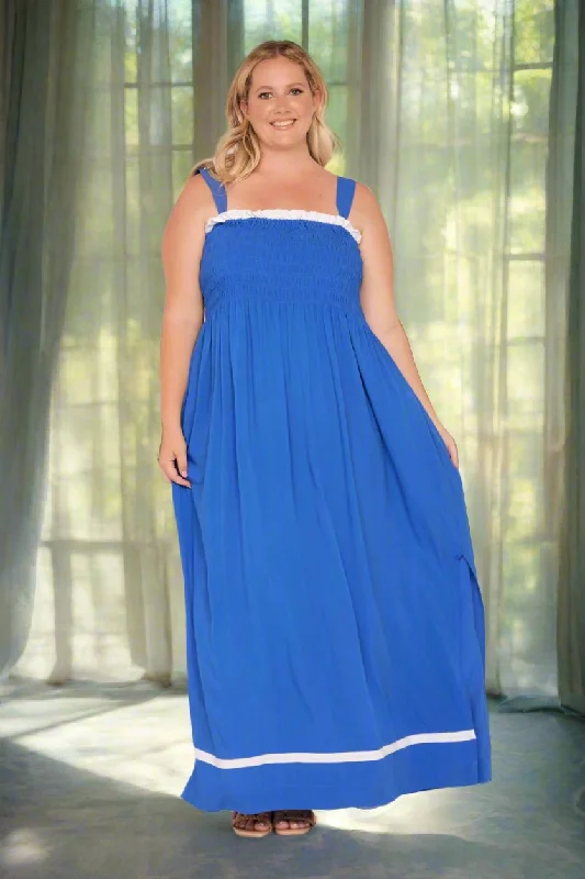 High-Neck DressSherry Shirred Strapless Maxi Dress in Blueberry Delight