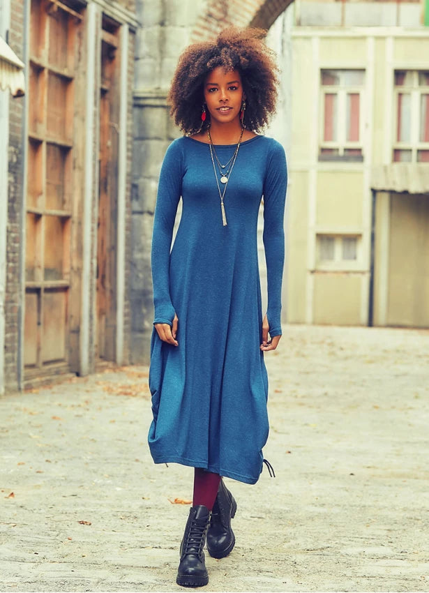 women's stretch dressesBoat Neckline Side String Detail Long Sleeve Blue Maxi Dress