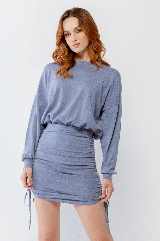 women's wrinkle-resistant dressesDusty Blue Ruched Crew Neck Long Sleeve Mini Dress /3-2-1