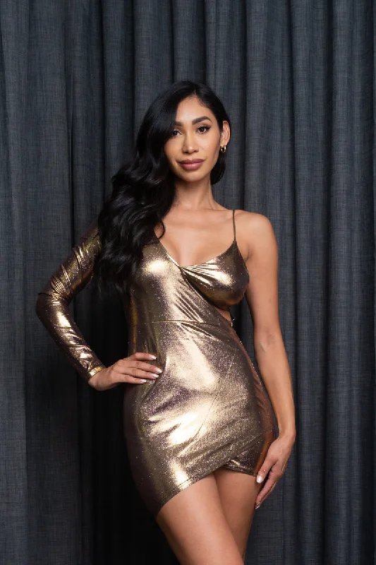 women's empire waist dressesGilded Trophy One Shoulder V Neck Mini Dress with Asymmetrical Hem in Metallic Bronze (AD-8028)