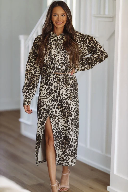 Pack Your Bags Leopard Shirt and Skirt Set -  Brown and Black  (FINAL SALE)