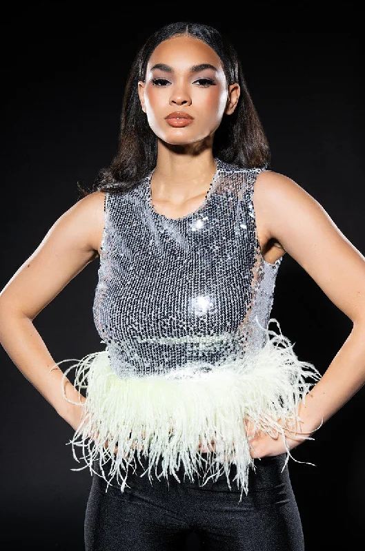 FEATHERED DISCO BALL SLEEVELESS TOP