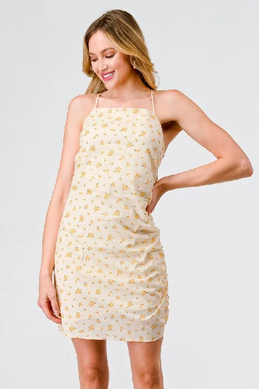 Nursing DressYellow Ditsy Cotton Strappy Ruched Mini Dress /3-2-1