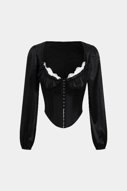 chic women's tops for everyday wearSatin Button Patchwork Corset Long-Sleeve Shirt