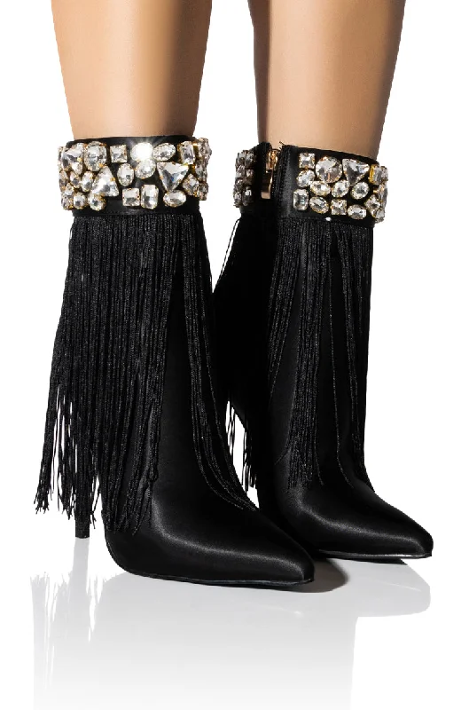 AZALEA WANG AVERI EMBELLISHED FRINGE BOOTIE IN BLACK