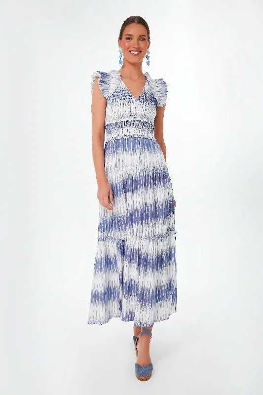 Satin DressCreme and Blue Kalin Maxi Dress