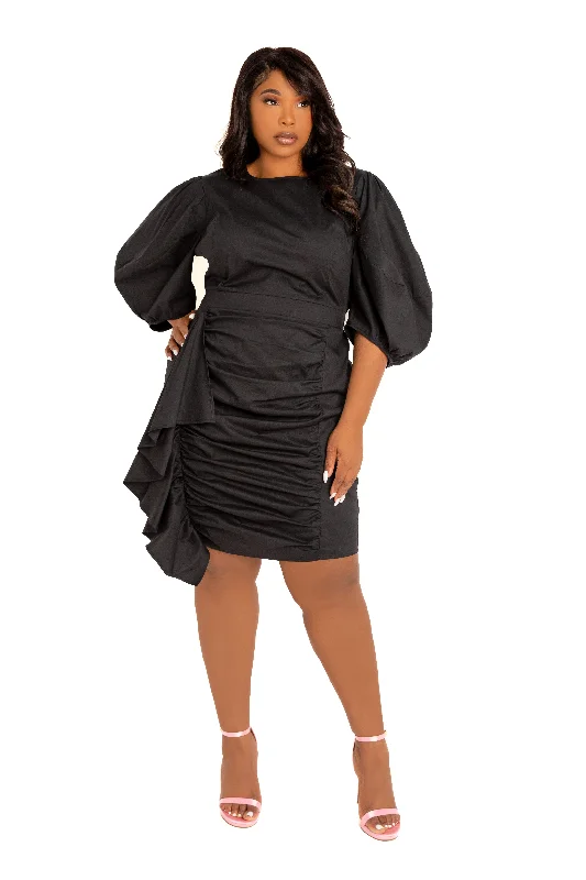 Cold-Shoulder DressPuff Sleeve Asymmetric Ruffle Mini Dress