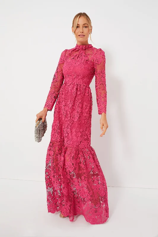 women's denim dressesPink Lace Maxi Dress