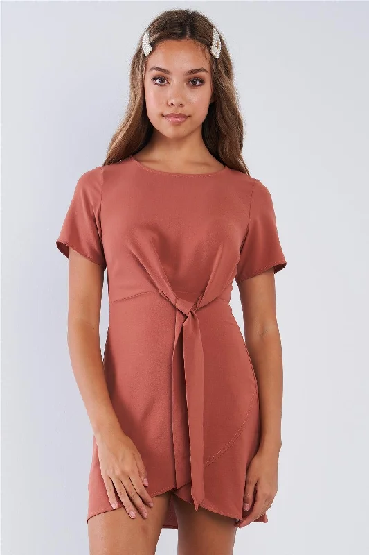 women's cinched-waist dressesShort Sleeve Knotted Crew Neck Chic Mini Dress