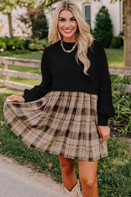 women's cold-shoulder dressesBlack Plaid Patchwork High Waist Sweatshirt Mini Dress