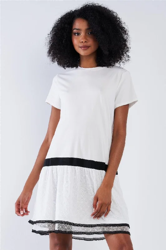 Tiered DressOff-White Black Detail Loose Shapeless Lined Double Mesh Bottom Layer Crew Neck Mini Sleeve T-Shirt Mini Dress