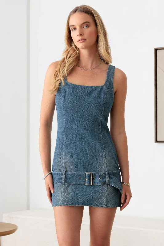 Mermaid DressLow Slung Buckle Belt Mini Denim Dress