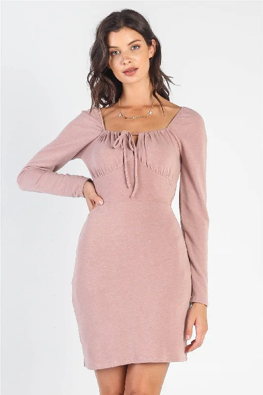 Empire DressDusty-Mauve Bust Self-Tie Cut-Out Long Sleeve Mini Dress /3-2-1