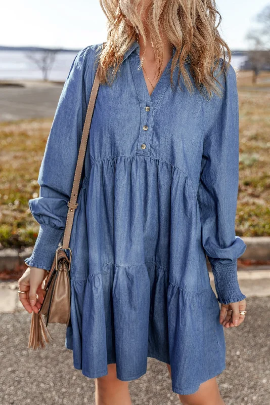 Body-Hugging DressDusk Blue Smocked Cuff Buttoned Tiered Denim Mini Dress