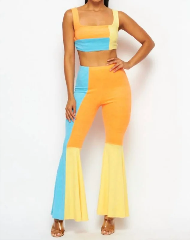 women's hot pantsBright Idea Terry Cloth Crop Top And Pant Set In Orange, Blue, Yellow